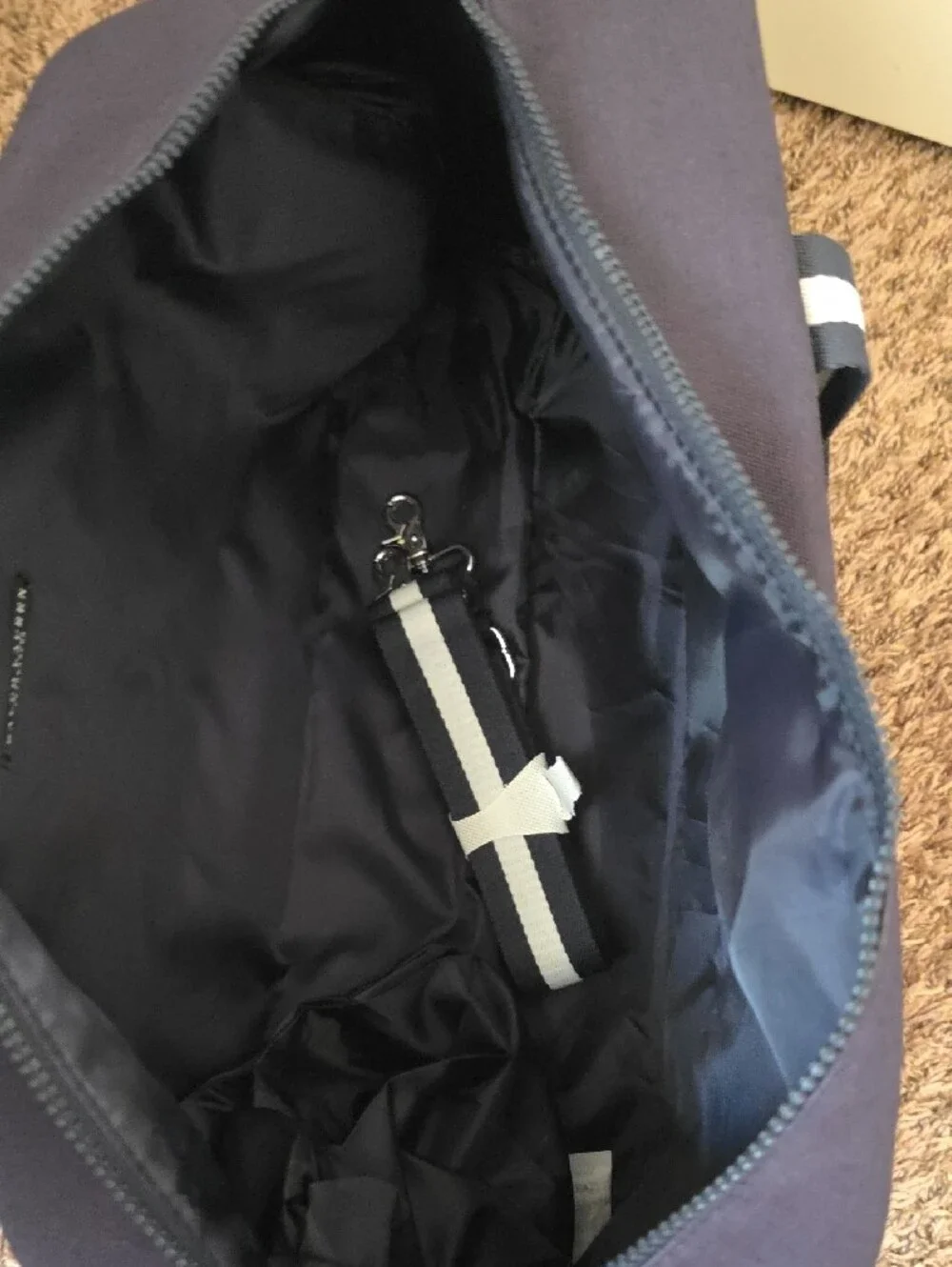 Polo by Ralph Lauren Navy Duffel with White Striped Handles and White Logo